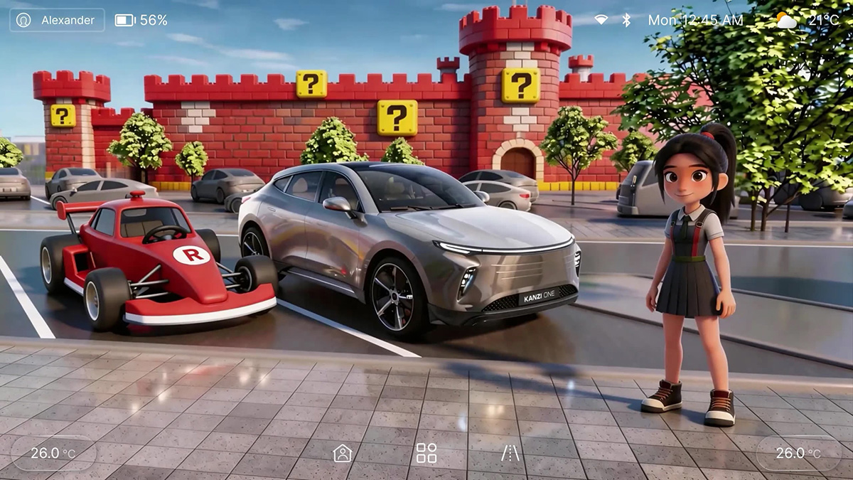 Abstract 3D rendering of an automotive HMI interface with AI visualization